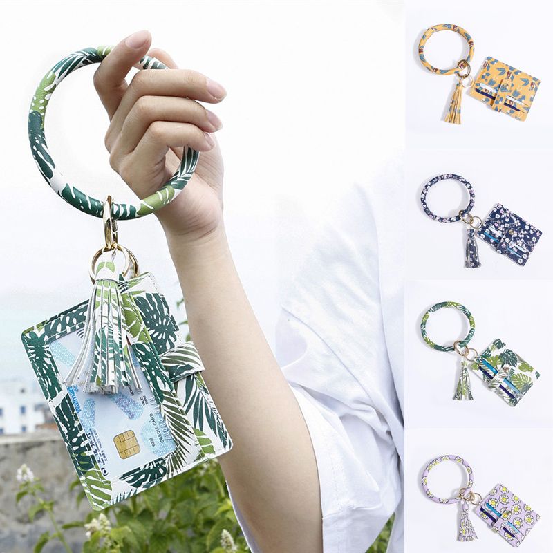 4 Styles Bangle Key Ring Card Holder PU Leather Round Keychain