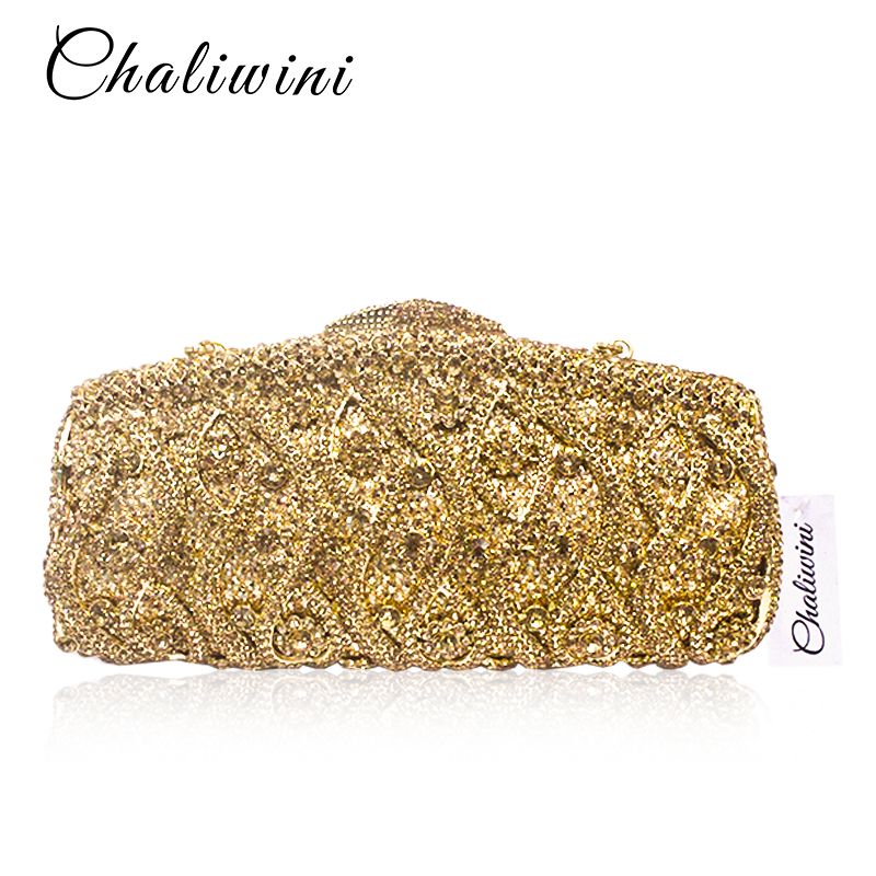 Women Flower Hollow Out Peach Champagne Crystal Rhinestone Evening