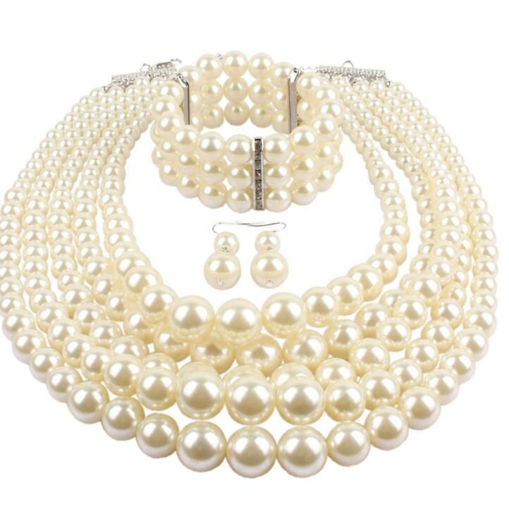 2021 Multi Layer Simulated Pearl Strand Costume Jewelry Sets Women