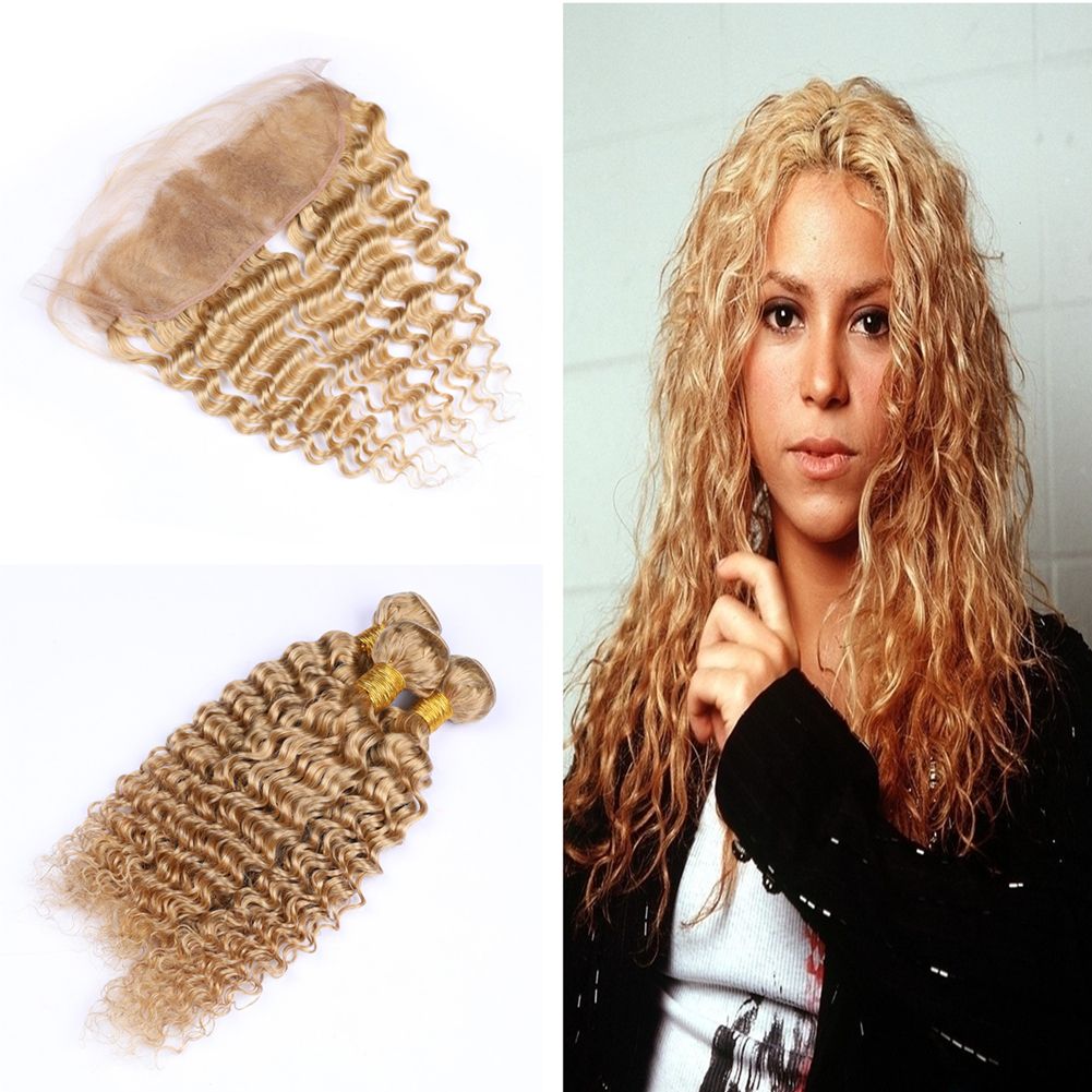 Strawberry Blonde Deep Wave Curly Virgin Hair Weaves With 13x4 Frontal Closure Double Wefted 27 Deep Wave Hair Wefts With Frontal