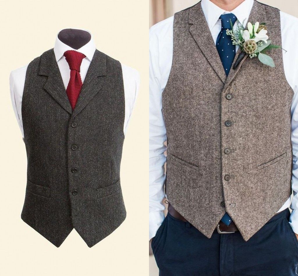 2020 Modest Country Wedding Groom Vests Brown Gray Wool Herringbone