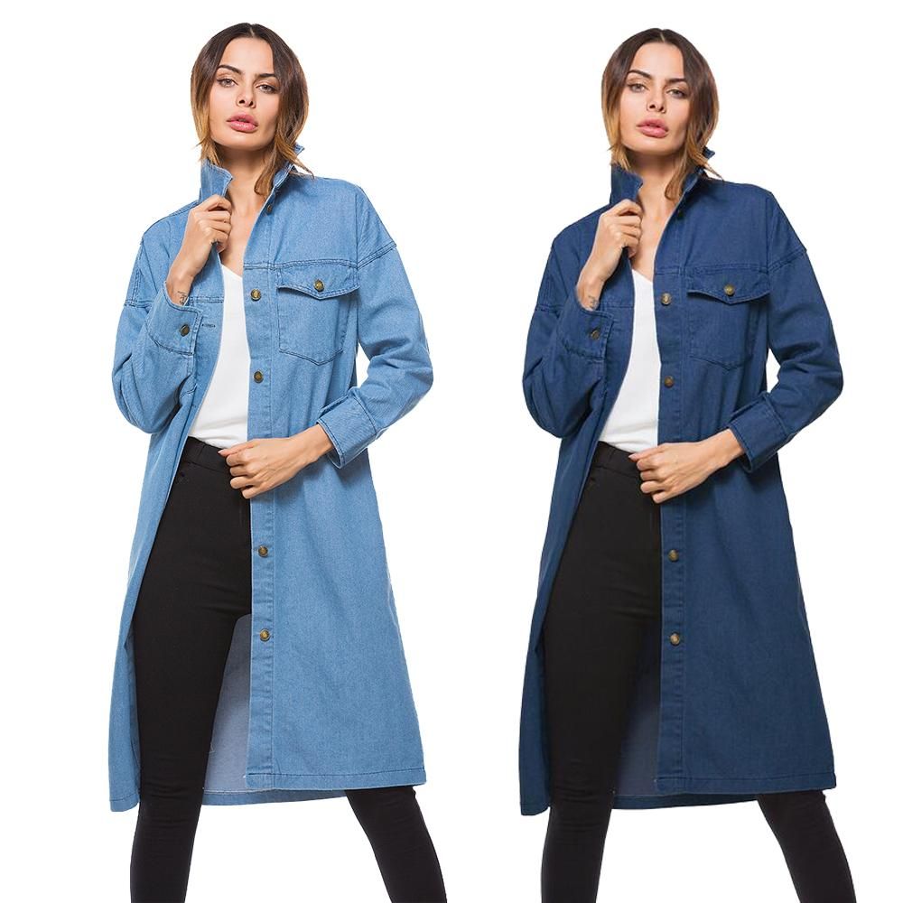 Women Long Coat Denim Swing Jacket Casual Outwear Single Breasted Jeans Top Spring Autumn Clothing Slim Turn Down Collar Fashion