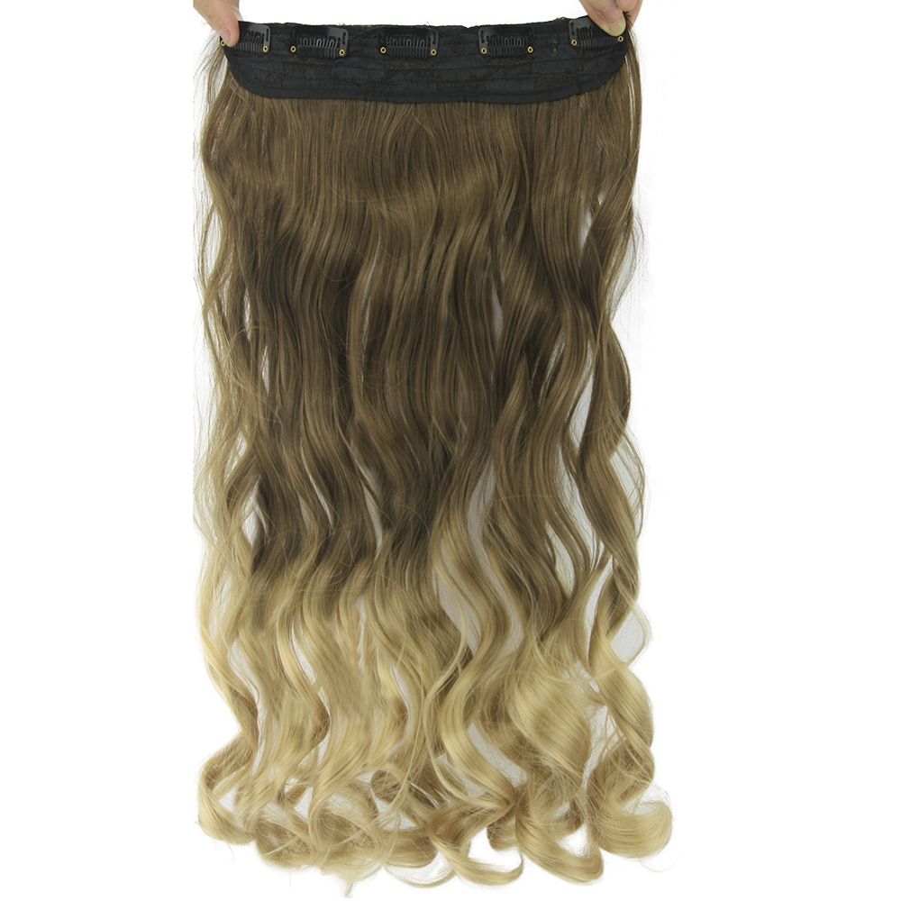 Frauen Haar Hohe Tempreture Synthetische Ombre Haarteil 5 Clip In Haarverlangerungen 60 Cm Lange Wellenformige Braun Bis Blond