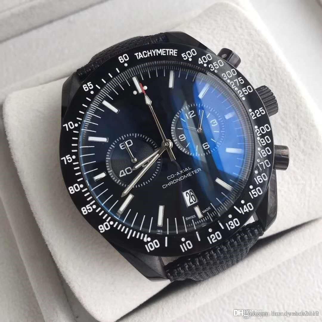 Luxury Racing Sports Men Watch Black Coated Nylon Fabric Strap Foldover Clasp 44 MM Vintage