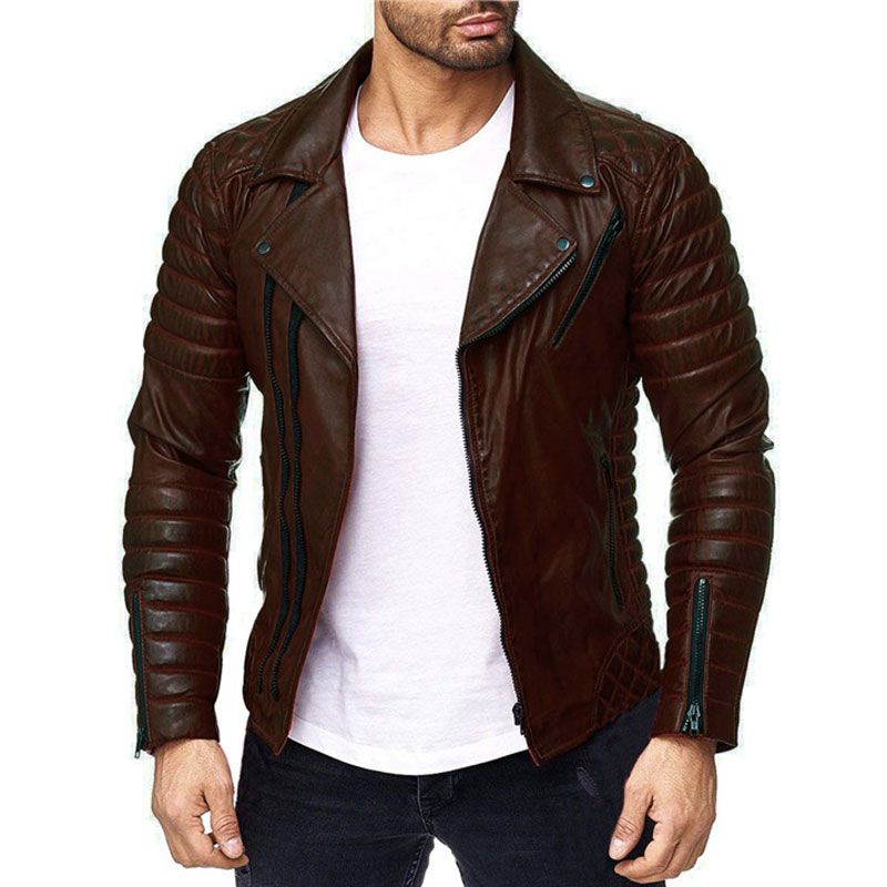 2018 Men S Turn Down Collar Zip Up Faux Leather Moto Jackets For Man Long Sleeves Coats Slim Fit Male Trench 271757