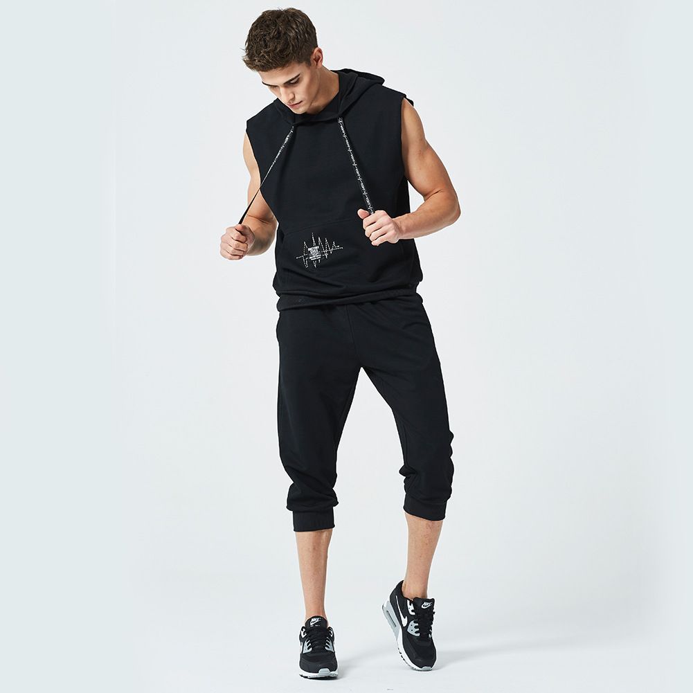 Summer New Brand Men s Sleeveless Hooded Coat Sets Men s Two,Piece Suit Sets Casual Sweater Shorts Trousers