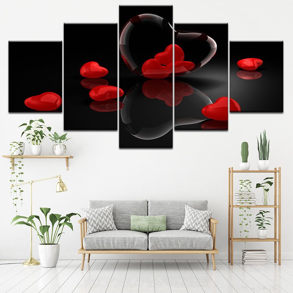 Canvas Paintings Modular Living Room Wall Art 5 Pieces Red Heart Shaped Pictures Hd Prints Love Poster Romantic Home Decor Frame