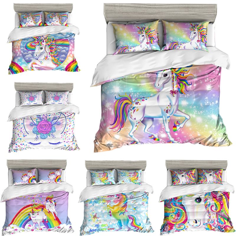 3d Cartoon Bedding Sets Colorful Fl Unicorn Duvet Quilt Cover With Pillowcase Microfiber Bed Clothes Twin Full Queen Super King Size 3pc
