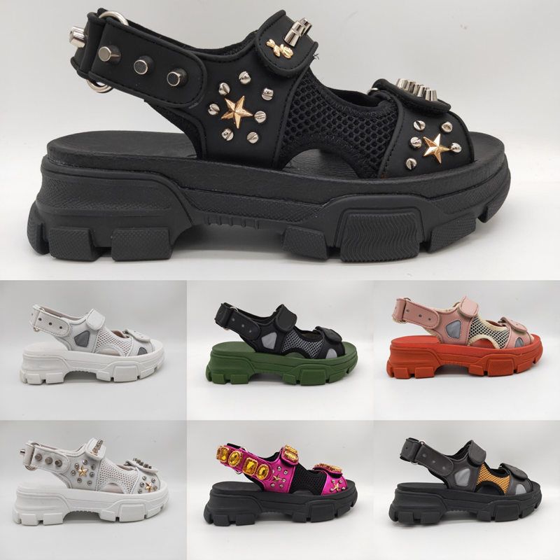 leather and mesh sandal with crystals