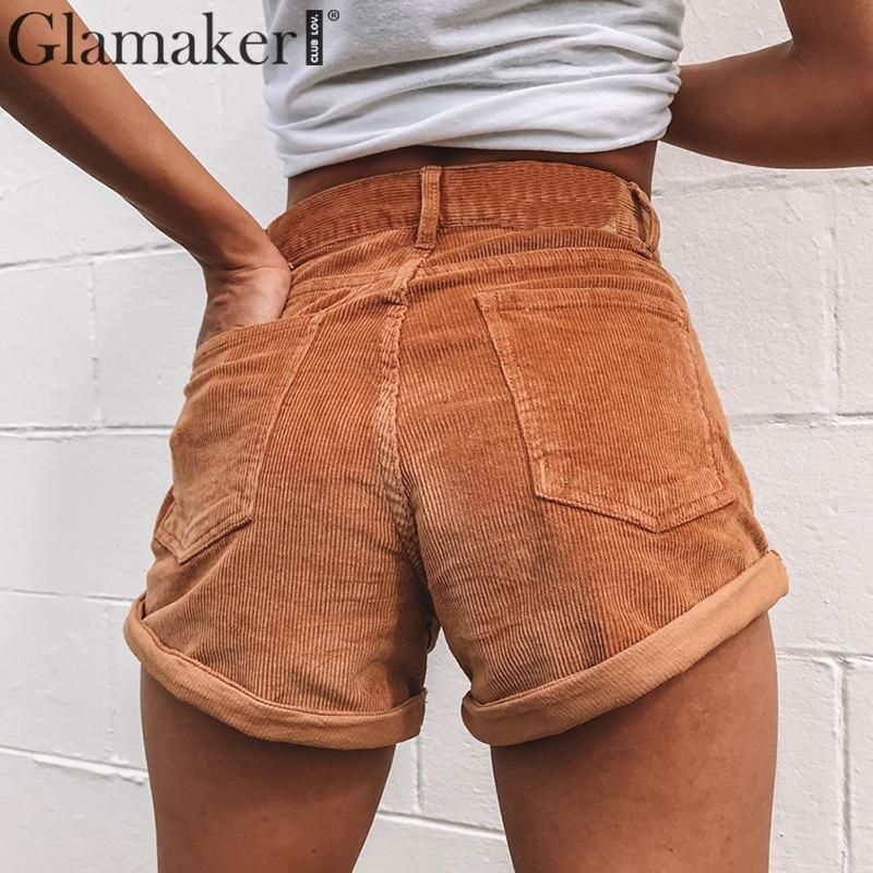 Alta Pantalones Mujeres Recta Cortos Bolsillos Glamaker Trabajo Ropa Femenina Para De Corduroy Verano Cintura Puños 3AjL4R5