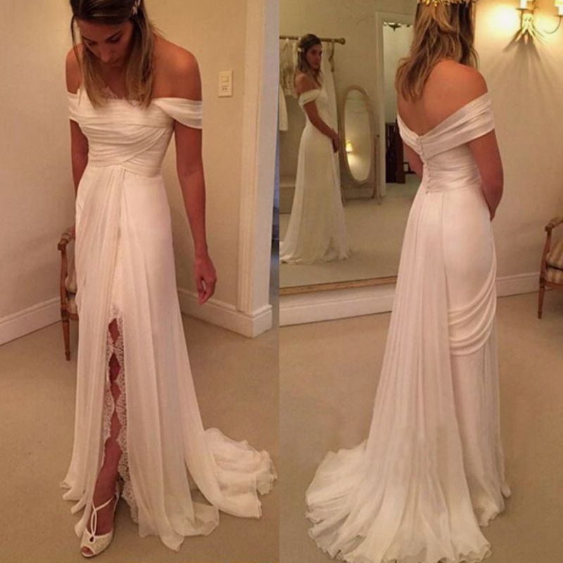Discount 2019 Cheap Simple Off Shoulder Wedding Dress Side Split