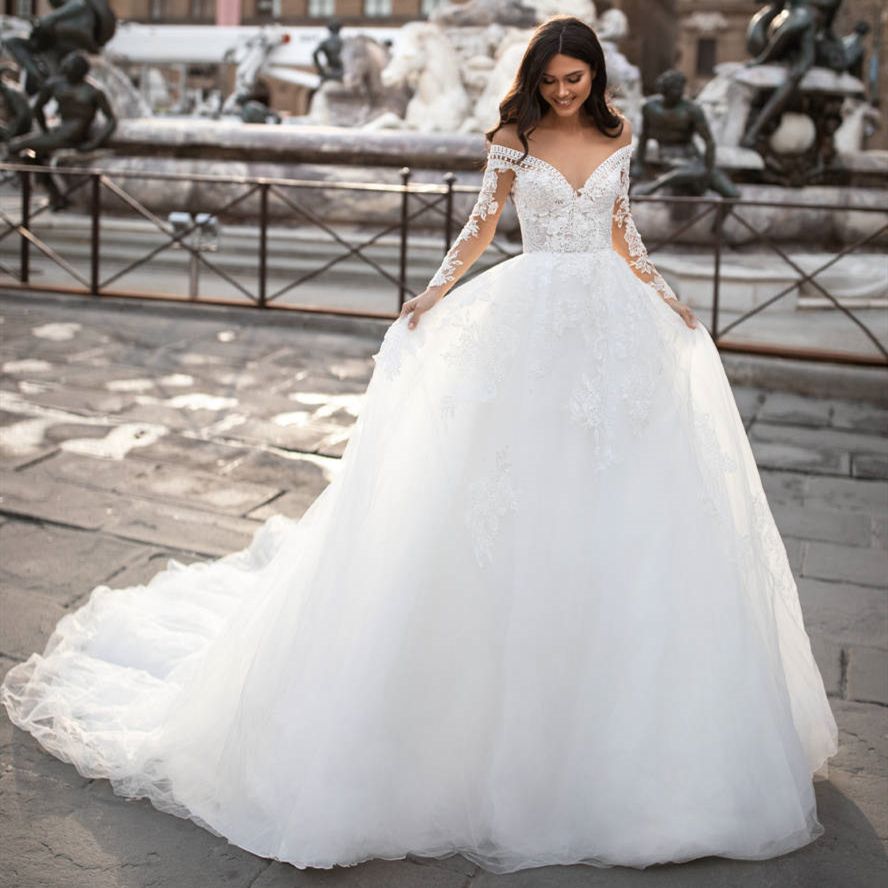 Discount 2020 Lace Wedding Dress A Line Illusion Neck Long Sleeves