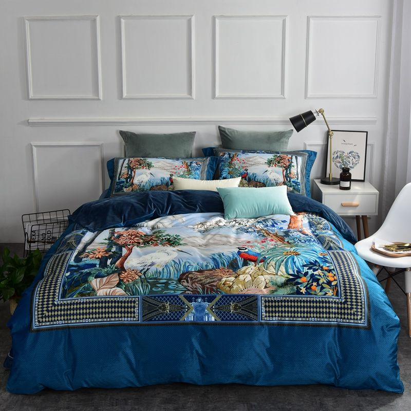 Luxury Flannel Classic Flower And Bird Bedding Set Winter Warm Luxury Flannel Classic Flower And Bird Bedding Set Winter Warm Fleece Soft Duvet Cover Bed Sheet Pillowcases Queen King Size Gray White