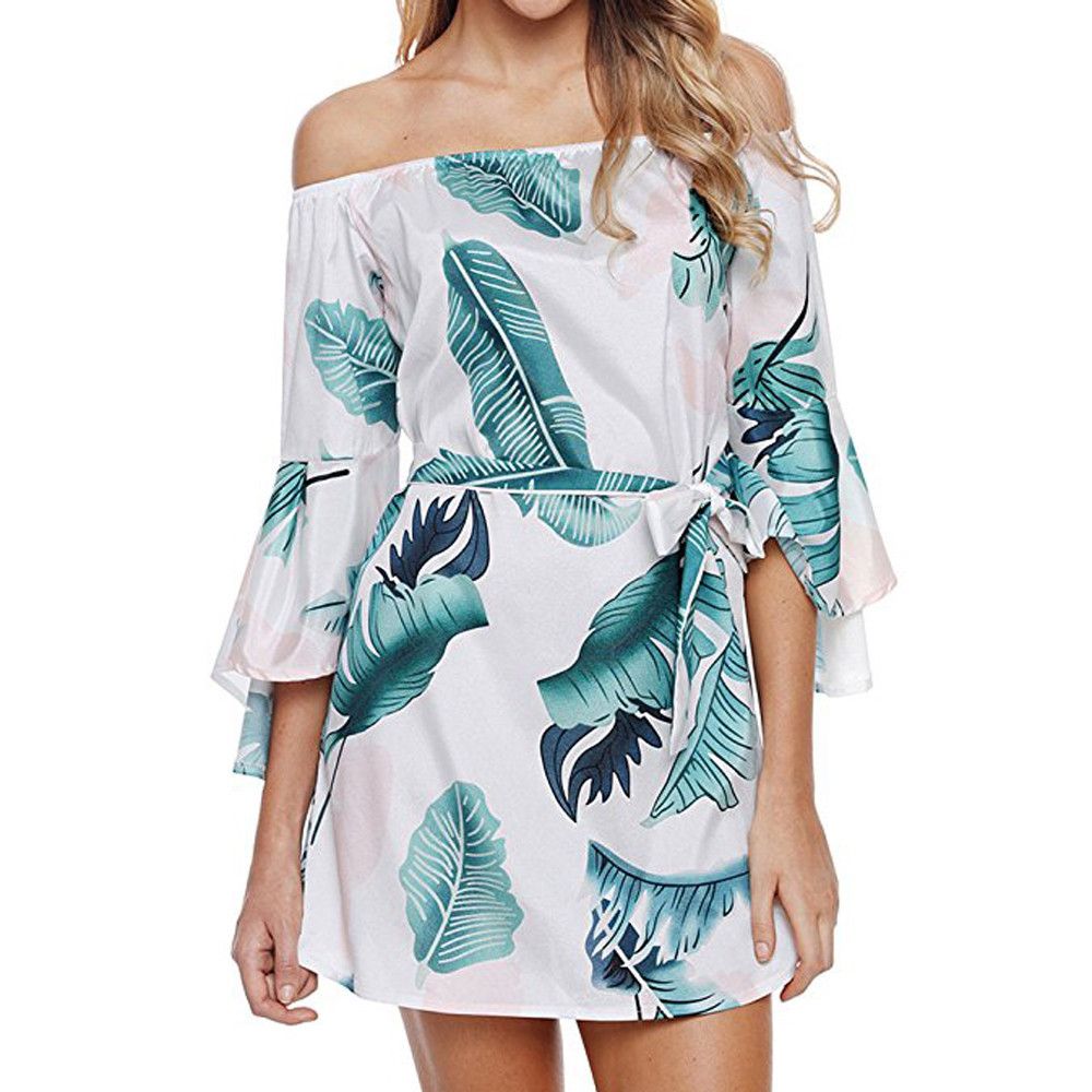 Beach Summer Dress 2019 Casual Dress Straight Sleeveless Print Sashes Slash Neck Leaves Off Shoulder Dress Vestido Cocktail Party Dress Black Summer Dresses