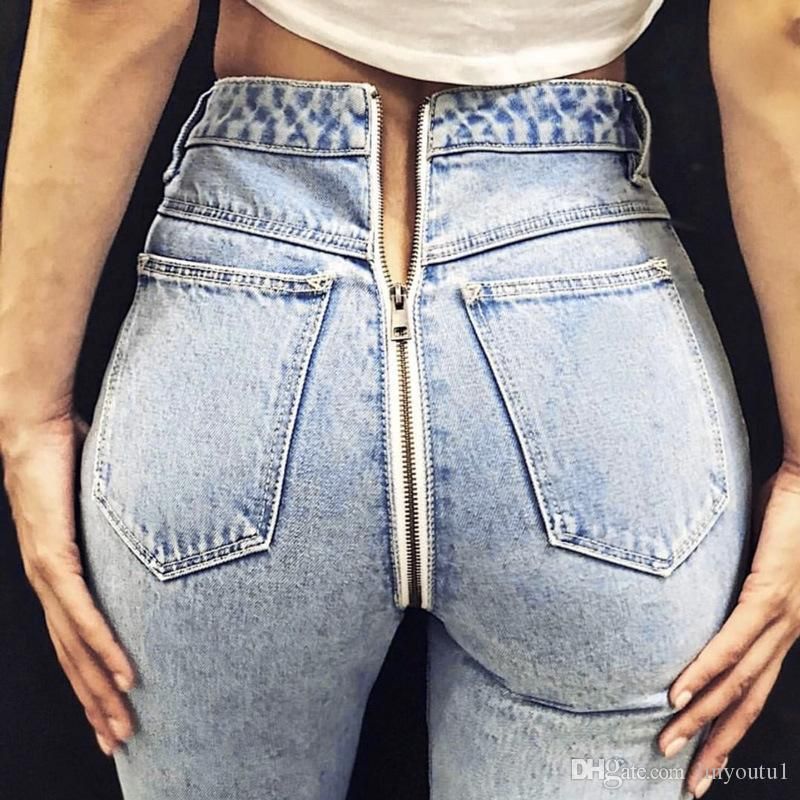 2019 Trendy Open Crotch Jeans Butt Zip Back Zipper Women Sexy Leggings