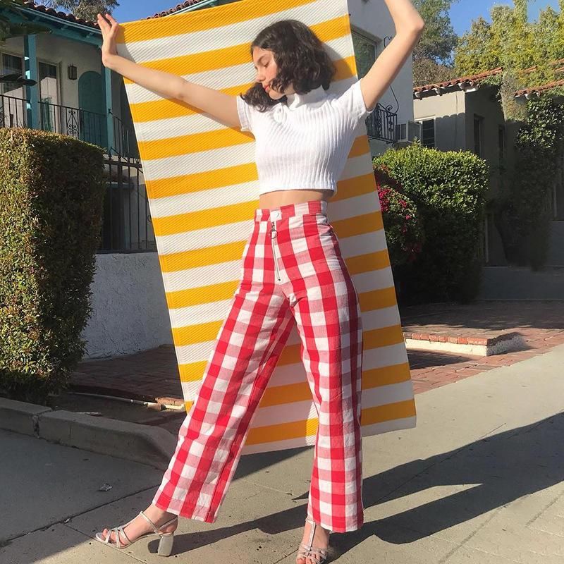 green plaid flare pants