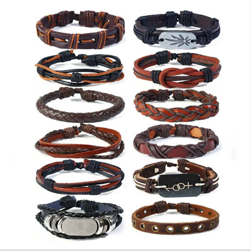 12pcs Set Trendy Men S Leather Wristband Id Bracelets Punk Retro Handmade Diy Multilayer Braided Wrap Bracelet Jewelry Mix Styles