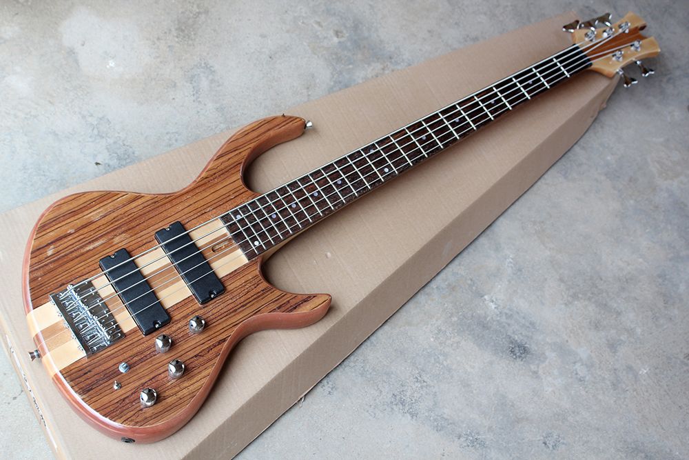 Factory Custom 5 Strings Natural Wood Color Electric Bass Guitar With Neck Thru Body,Maple Neck