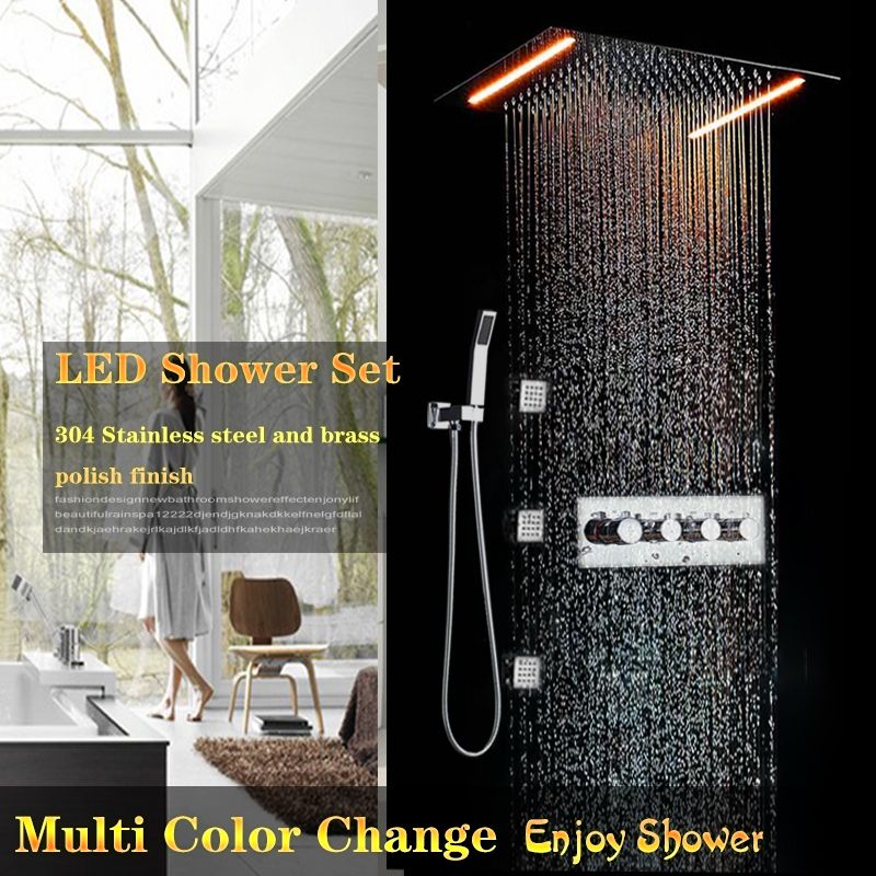 2020 3 Way High Flow LED Rectangular Shower Head Set 360x500mm Large Concealed TOP Rain Hot And