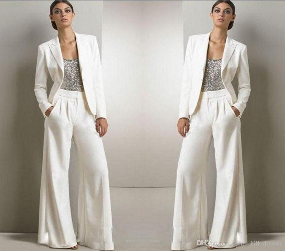 Custom Made Bling Sequins Ivory White Pants Suits Mother Of The Bride