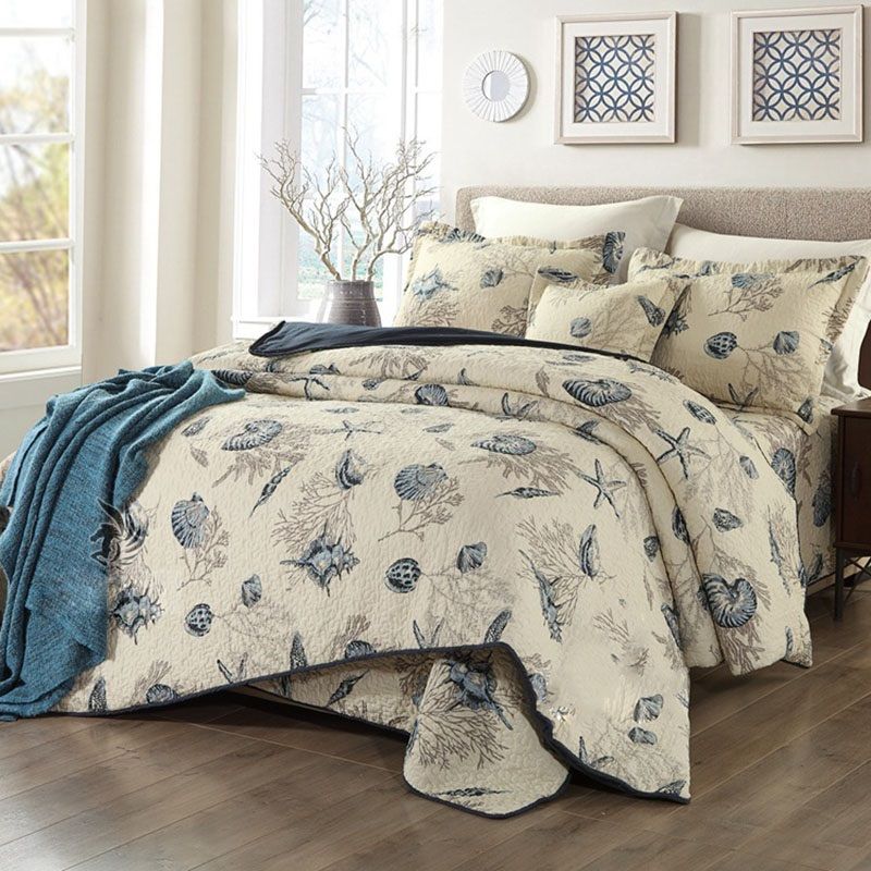Chausub Marine Print Cotton Quilt Set 4pcs Bed Linens Quilted Bedspread Cover Duvet Bedding King Size Coverlet