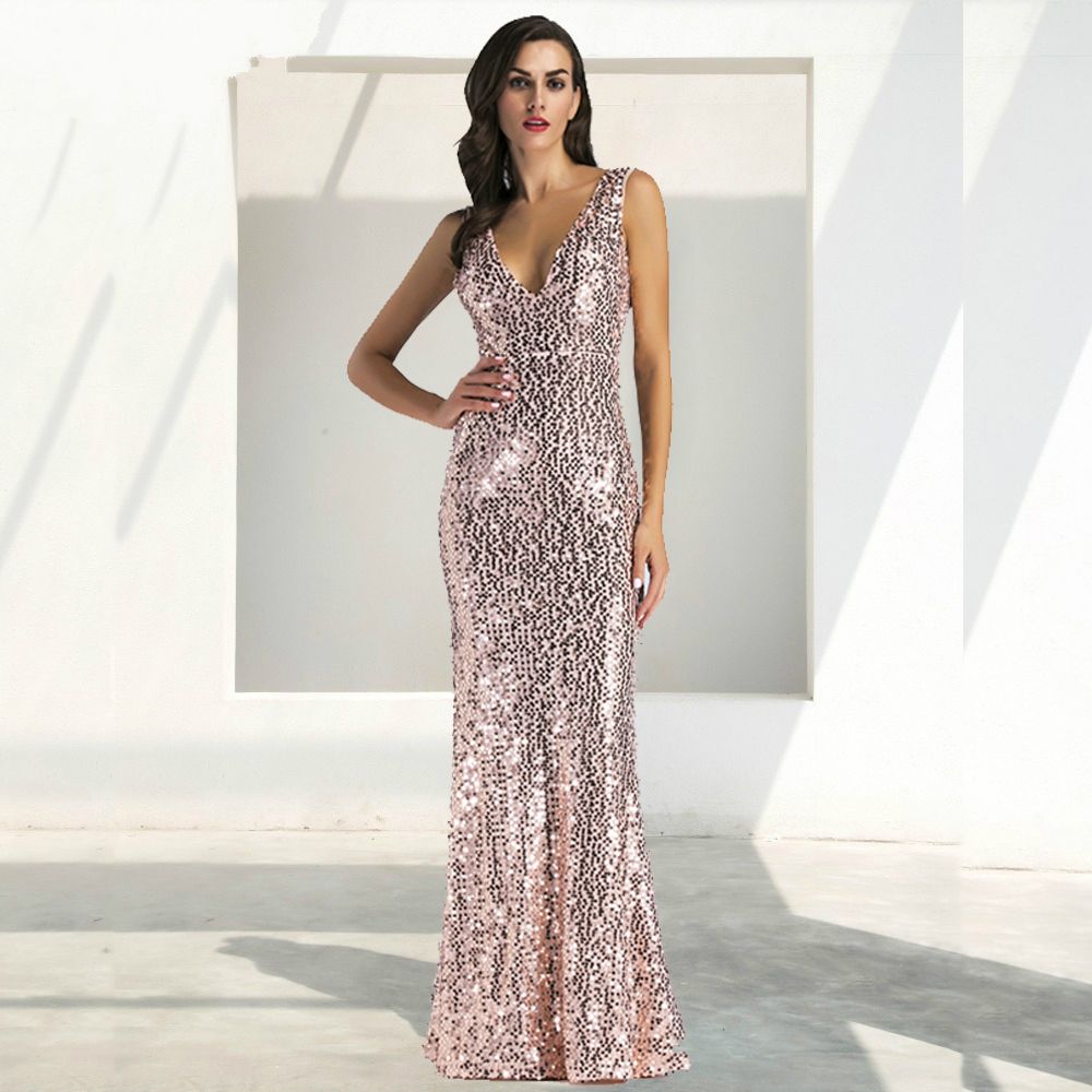 2019 Sexy Women Gold Sequins Dress Woman Christmas Backless Floor Length Long Luxury Club Party Dresses For Women Lj21781