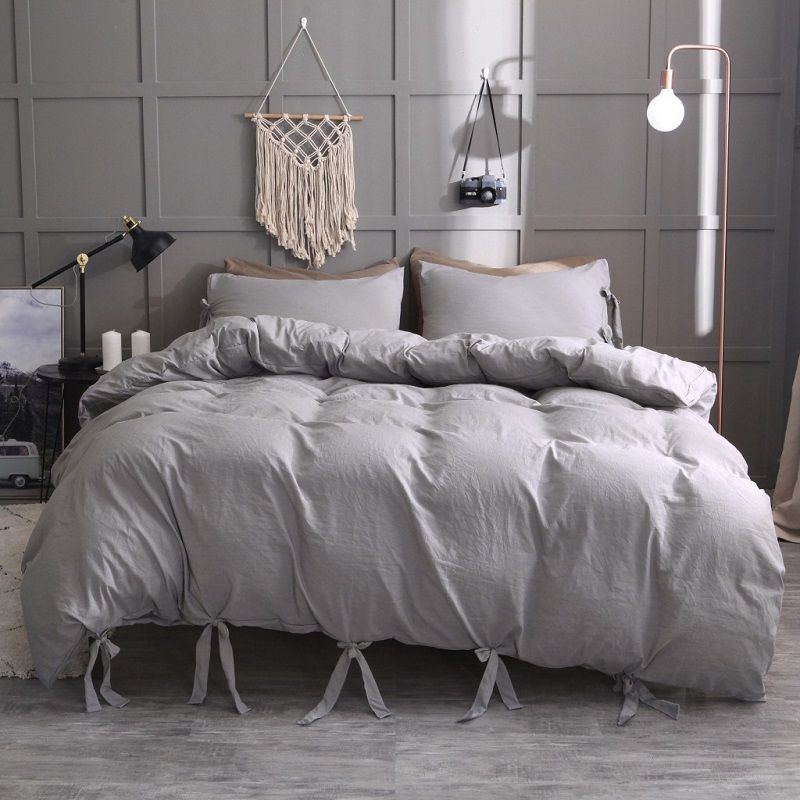 European Style Gray Solid Color Bedding Set Quilt Cover Duvet Single Queen King Size 2pcs 3pcs Sets Bed Linen Soft