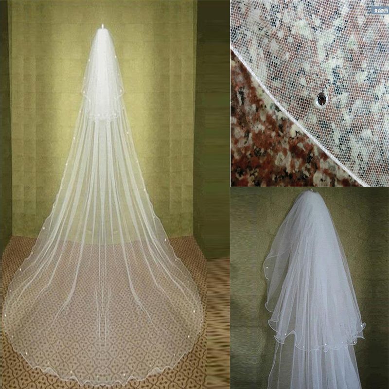 2T Crystal White Ivory Wedding Veils Cathedral Beaded Edge Comb Bridal Veil