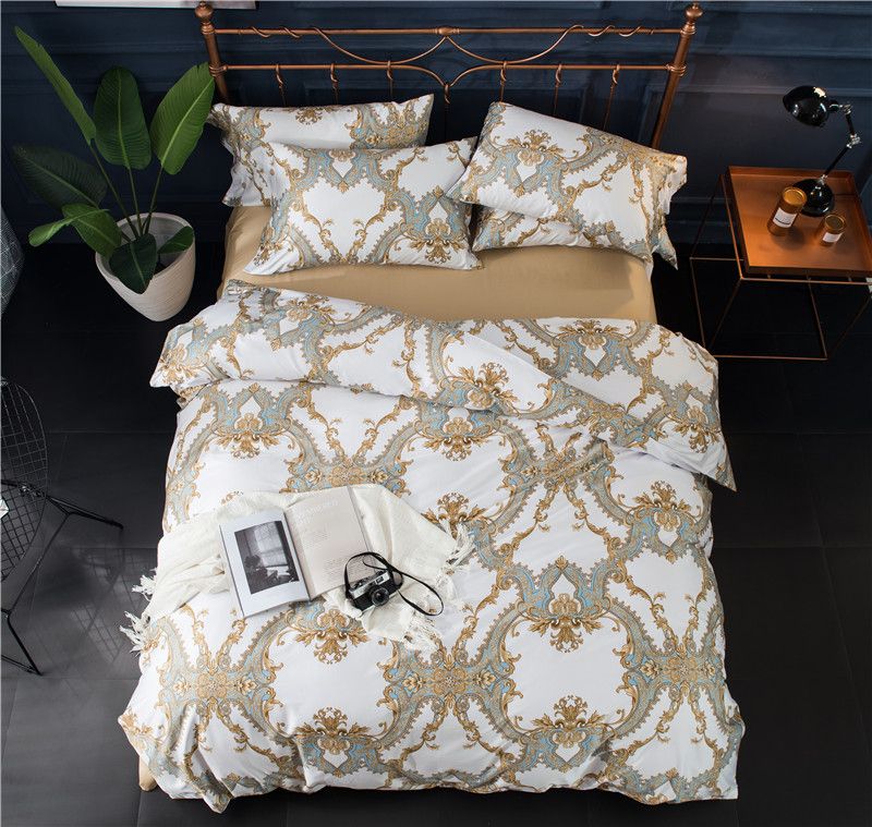 Egyptian Cotton King Queen Duvet Cover Set Leaf Print Boheimia Modern Bedding Blue White Green Bed Sheet Pillowcase 36