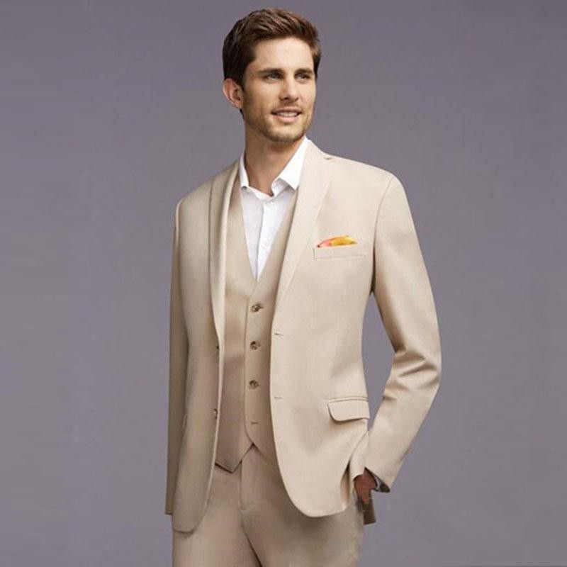 New Slim Fit Beige Men Suits Wedding Groom Tuxedos Bridegroom Set