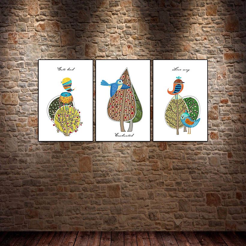 3 Pcs Encadré Mur Art Nordique Dessin Animé Oiseaux Mur Art Photos Pour Livingroom Décor Affiches Et Impressions Toile Peinture