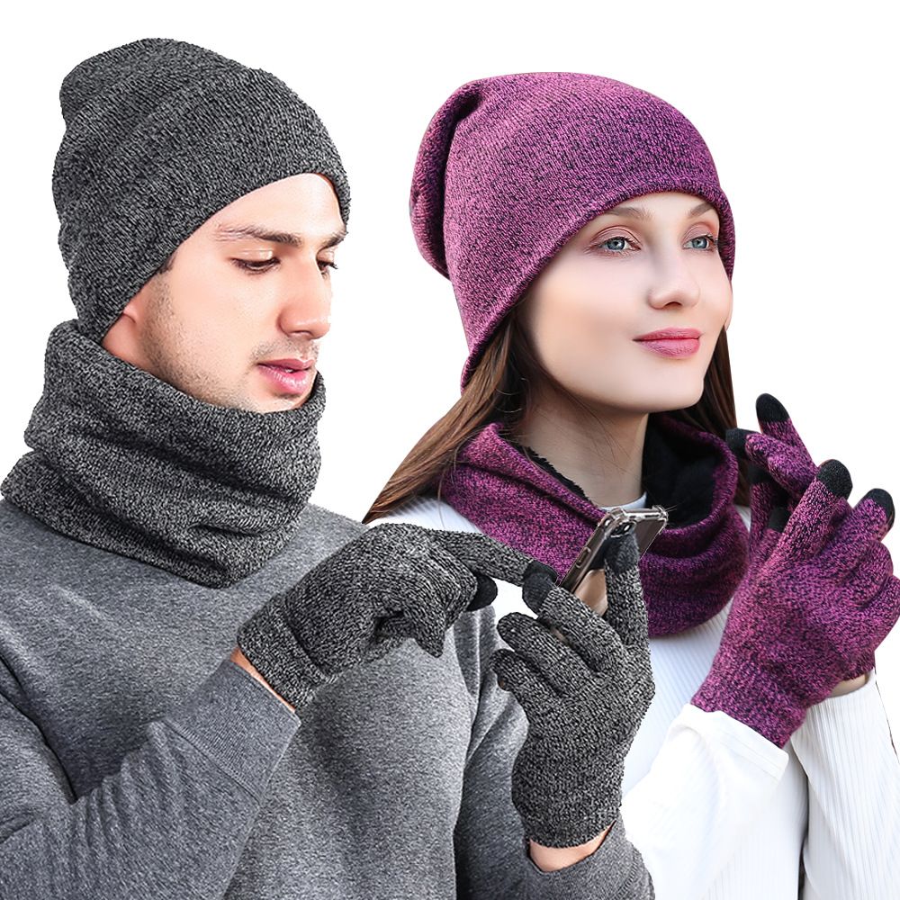 Women Lady Adult 3 Pcs Winter Knit Gift Set Beanie Cuff Ski Hat Scarf Gloves