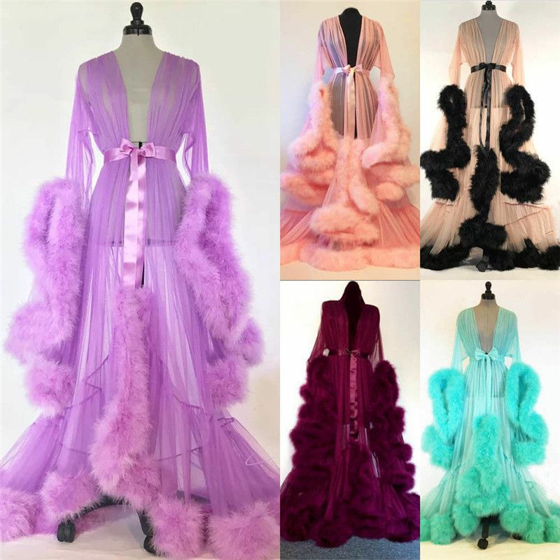 2020 Women Sexy Lace Fur Robe Ladies Luxury Furry Sleepwear Robes Loose ...