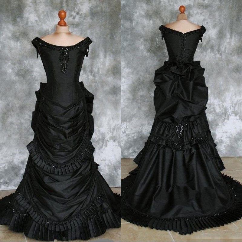 Discount Black Taffeta Beaded Gothic Victorian Bustle Gown With Train