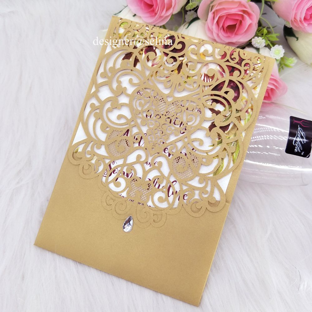 Gold Laser Cut Wedding Invitations With Crystal Diamond Hollow