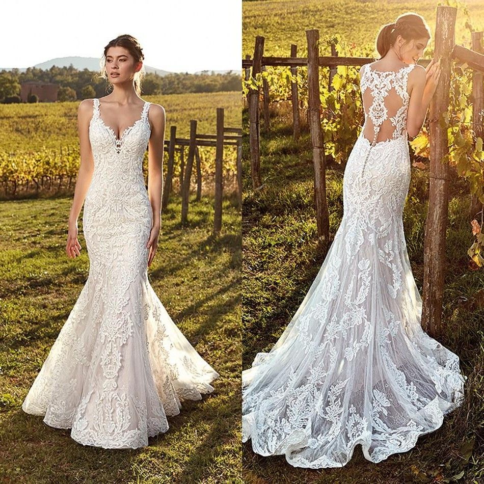 2019 Vintage Ivory Straps Deep V Neck Lace Mermaid Wedding ...