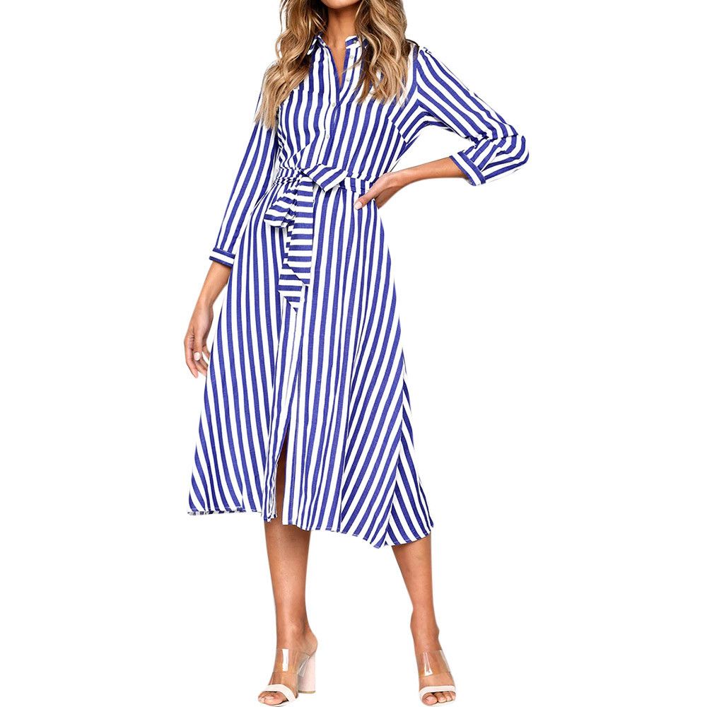 blue and white vertical striped dress