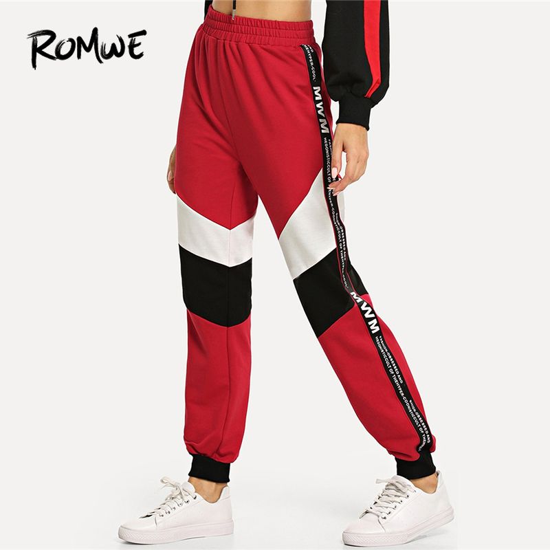 Partchwork Élastique Entraînement Red Pantalons Romwe Printemps 2019 Taille Sport Colorblock Course De Pantalon Femmes Survêtement Exercice tsQChdrx