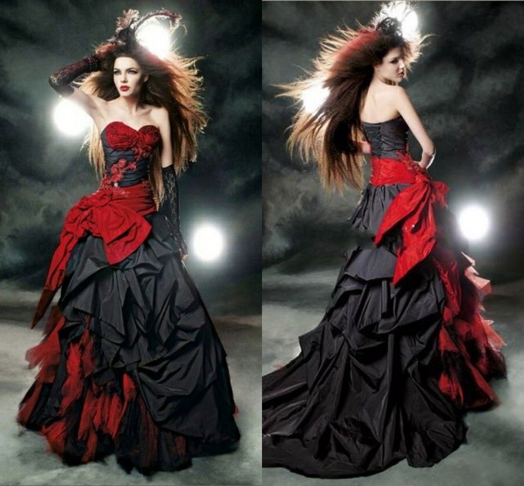 Gothic Wedding Dresses 2019 Vintage Black And Red Modest