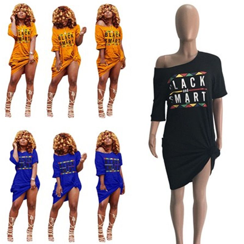 S 3xl Women Black Smart Letter Dress Summer Short Sleeve Off Shoulder T Shirt Dresses With Pocket Loose Wide Skirts For Beach Travel A22805