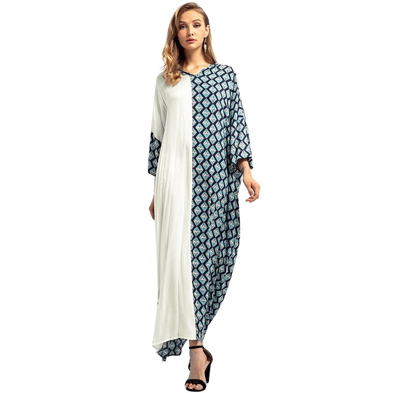Women Ethnic Casual Loose Muslim Dress 3 4 Sleeves Vintage Patchwork