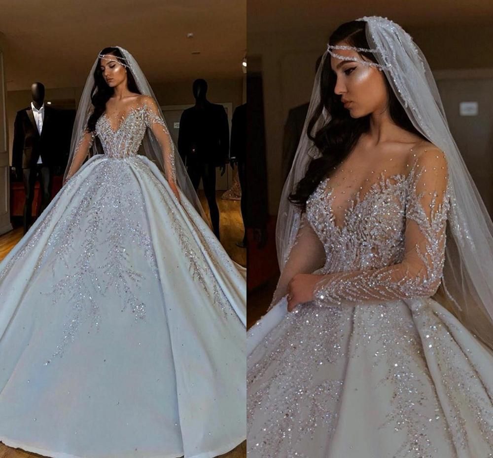 Luxury Sparkly African Wedding Dresses 2020 Sheer Neck Long Sleeves