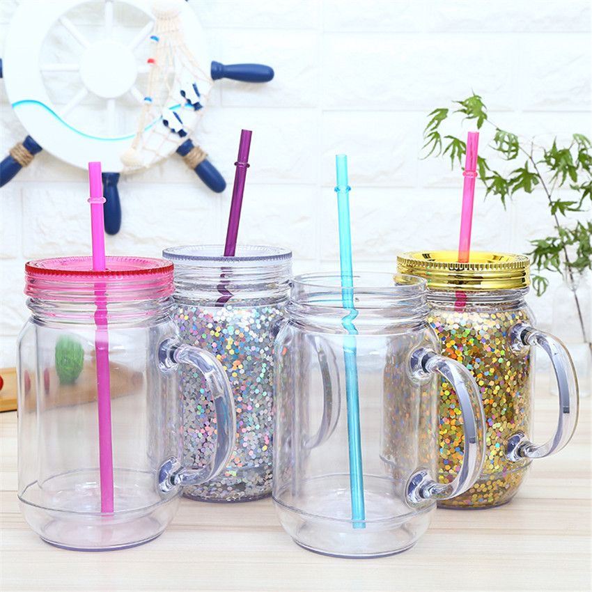 2020 15oz Plastic Mason Jar With Handles Lids And Colored Straws