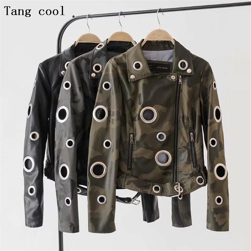 2019 Winter Eyelet Camouflage Faux Leather Jacket Women Punk Metal Ring Rivets Motorcycle Coat Street Black Biker