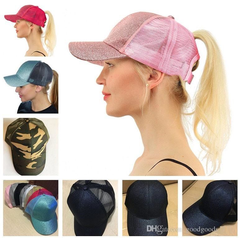 Glitter Ponytail Ball Cap Messy Buns Trucker Ponycaps Plain Baseball