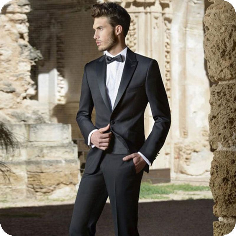 Italian Men Suits For Wedding Black Groom Tuxedos Peaked Lapel Custom ...
