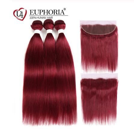 2019 99j Burgundy Straight Human Hair 3 Bundles With Frontal 13x4