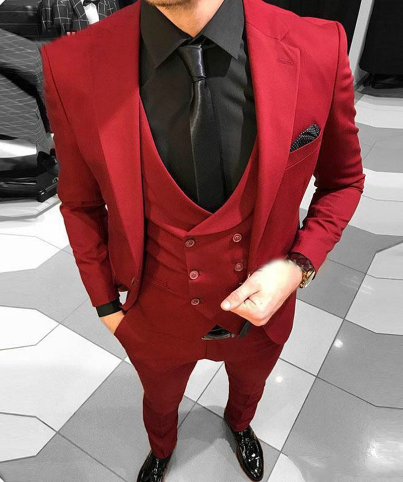 Red Men Suits Slim Fit Notched Lapel Blazer Groomsman Wedding Tuxedos