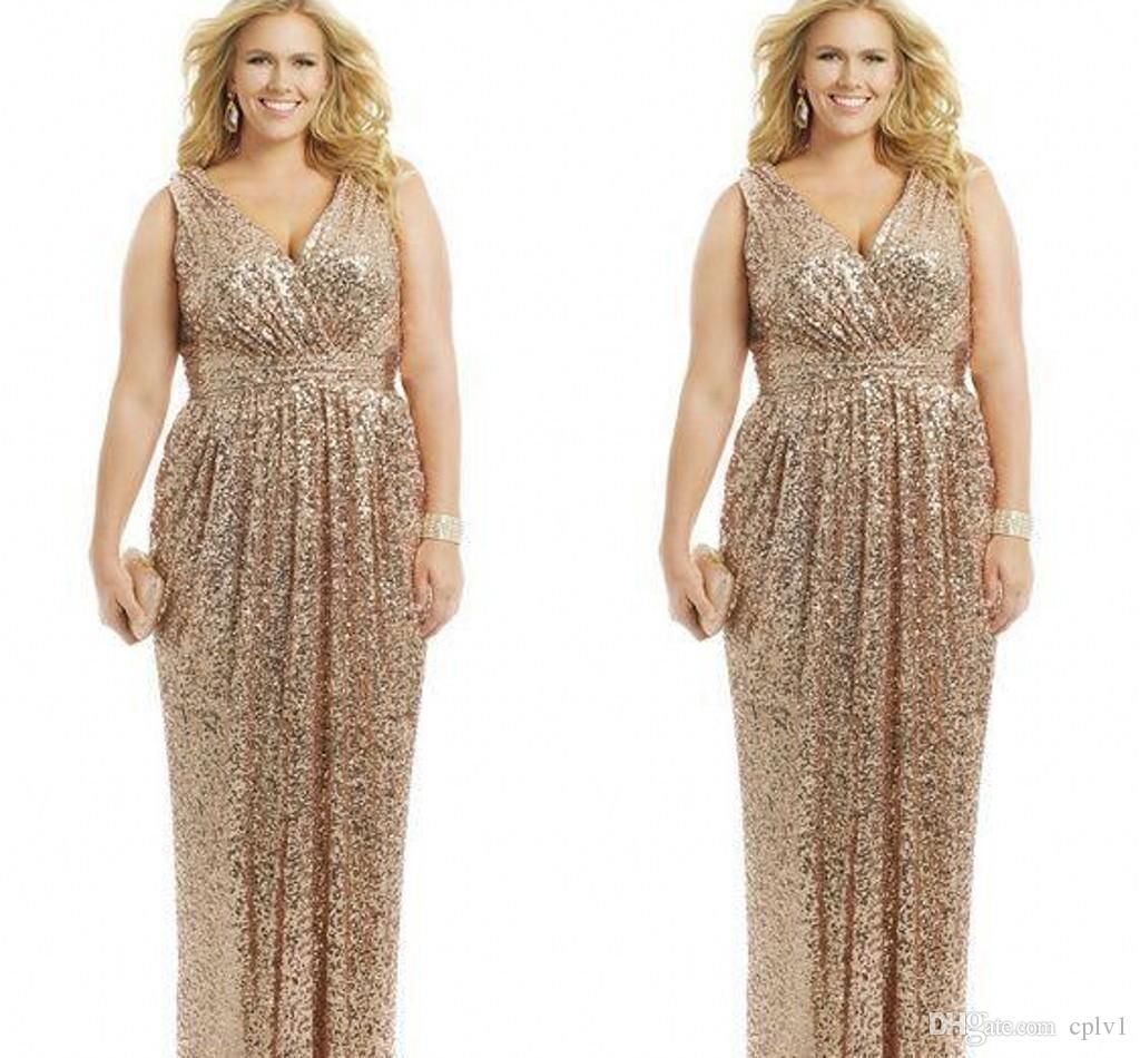 Sexy Plus Size Dresses Rose Gold Sequin Sheath V Neck Floor Length