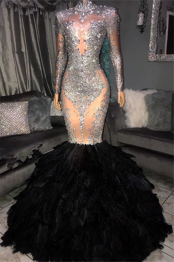 illusion sequin lace feather sleeve mermaid gown